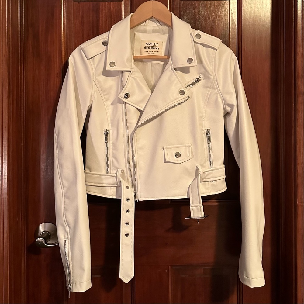 White Cropped Faux Leather Jacket (Ashley by 26 International)
